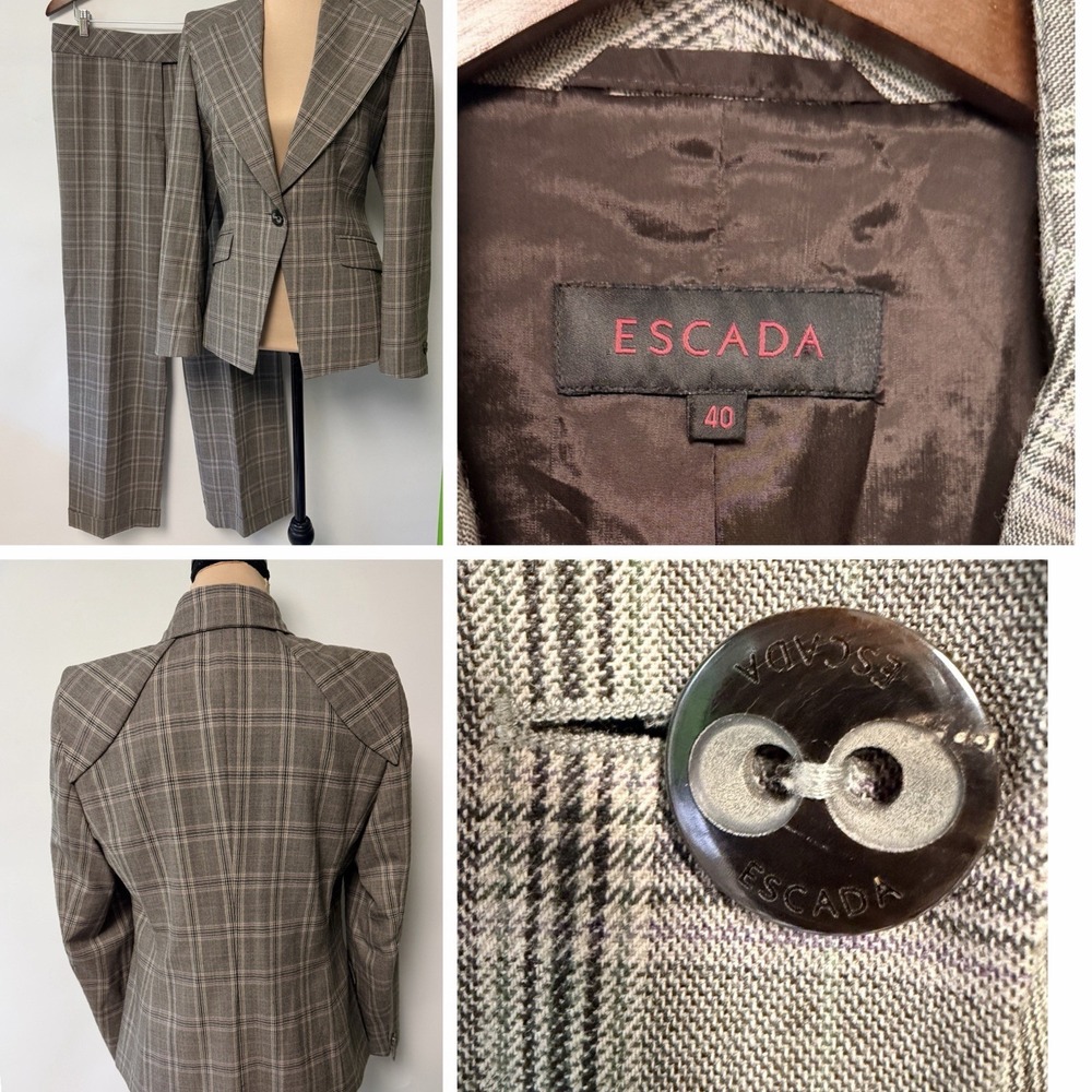 VTG ESCADA Womens Wool 2 Pc Pant Power Suit Plaid Sz 40 US 10 Wide Leg Y2K Brown